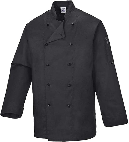 Portwest Unisex Somerset Chefs Jacket, Long Sleeve White, Black