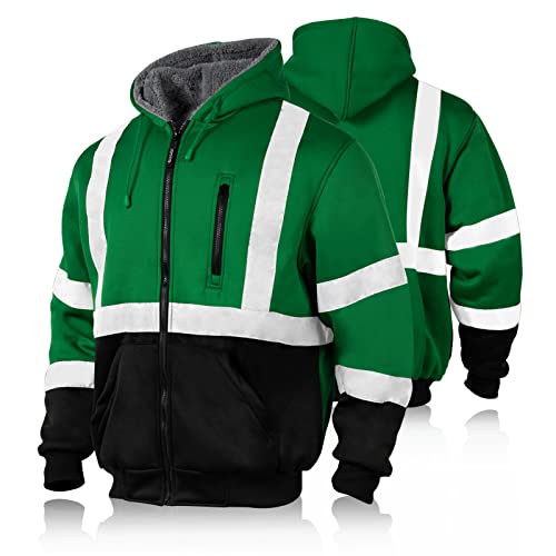 FONIRRA Men's High Visibility Safety ANSI Class 3 Lined Fleece Hoodie Sweatshirt with Black Bottom Jumper Workwear for Men(Green,XL)