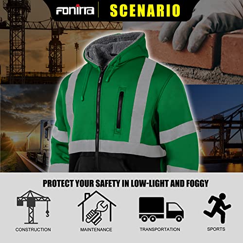 FONIRRA Men's High Visibility Safety ANSI Class 3 Lined Fleece Hoodie Sweatshirt with Black Bottom Jumper Workwear for Men(Green,XL)