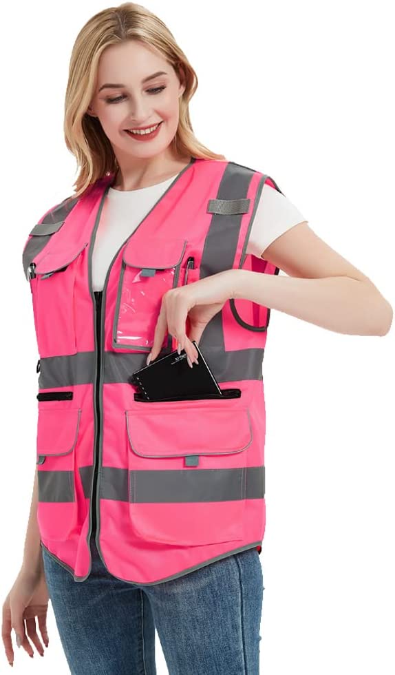 Hi Vis Pink Safety Vest with Zipper Front Closure For Women Lady Girl Reflective Visibility Multi Pockets Vest With Strips