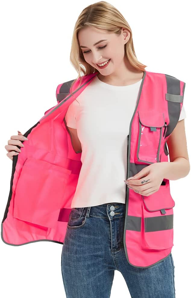 Hi Vis Pink Safety Vest with Zipper Front Closure For Women Lady Girl Reflective Visibility Multi Pockets Vest With Strips