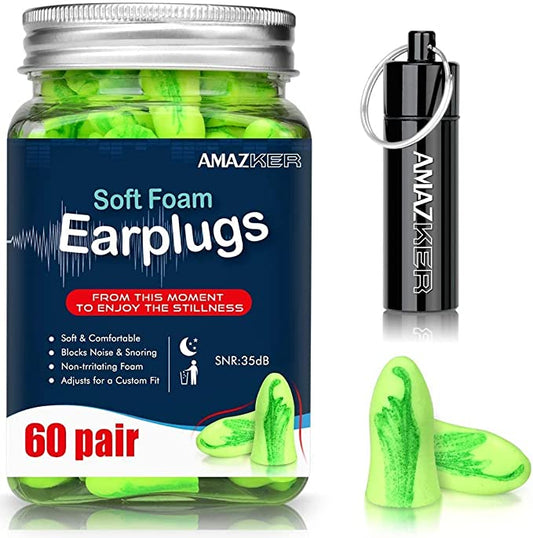 Ear Plugs AMAZKER Bell-Shaped 60 Pairs Ultra Soft Earplugs SNR-35dB Perfect for Sleeping Snoring Working Study Travel with Aluminum Carry Case No Cords Noise Reduction (AM-1006) Brand: AMAZKER