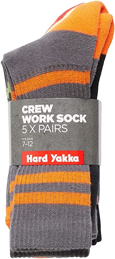 5 x Unisex Hard Yakka Crew Work Multi-Coloured Workwear Socks