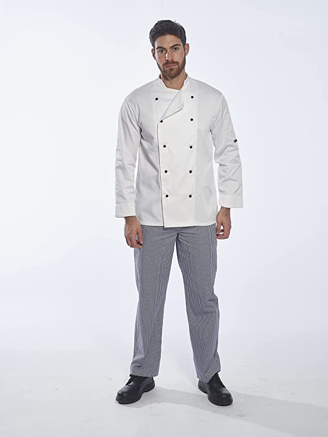 Portwest Unisex Somerset Chefs Jacket, Long Sleeve White, Black