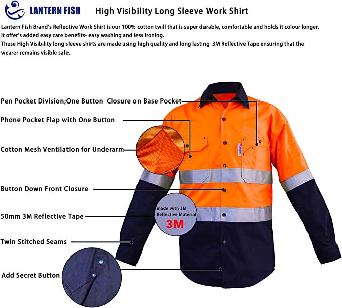 Brand: LANTERN FISH Mens High Visibility Shirts with 3M ScotchliteTM Reflective Tape 100% Cotton Long Sleeve 2 Tone Block Colour